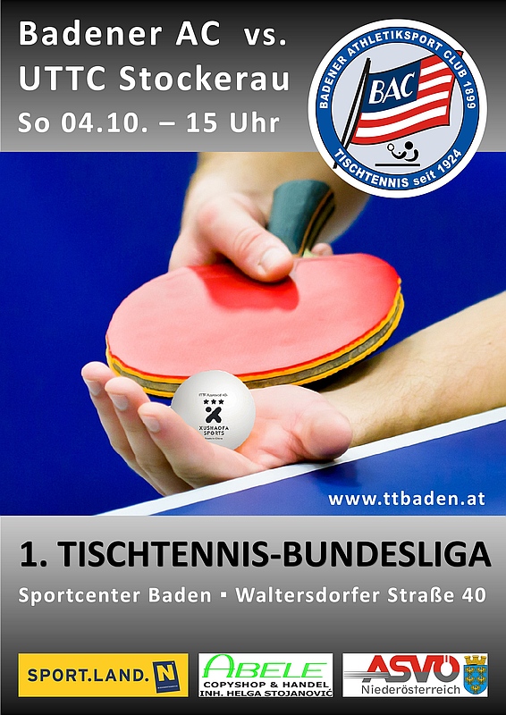 Plakat Bundesliga-Heimspiel - Badener AC gegen UTTC Stockerau
