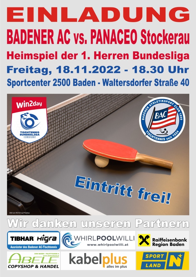 Bundesliga Plakat 2022 - Badener AC Tischtennis vs. Panaceo Stockerau