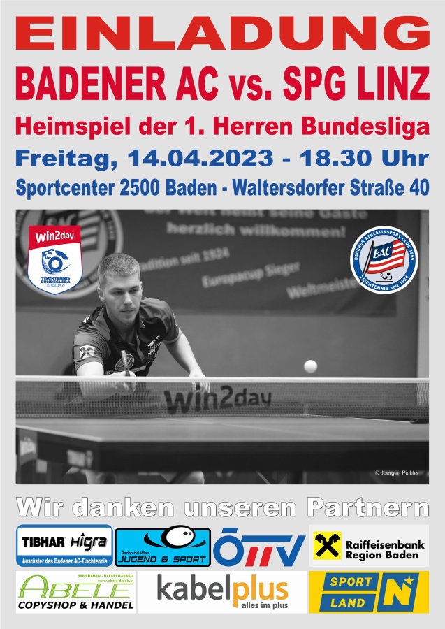 Badener AC Tischtennis - Bundesliga Plakat 2023-04-14 gegen SPG Linz