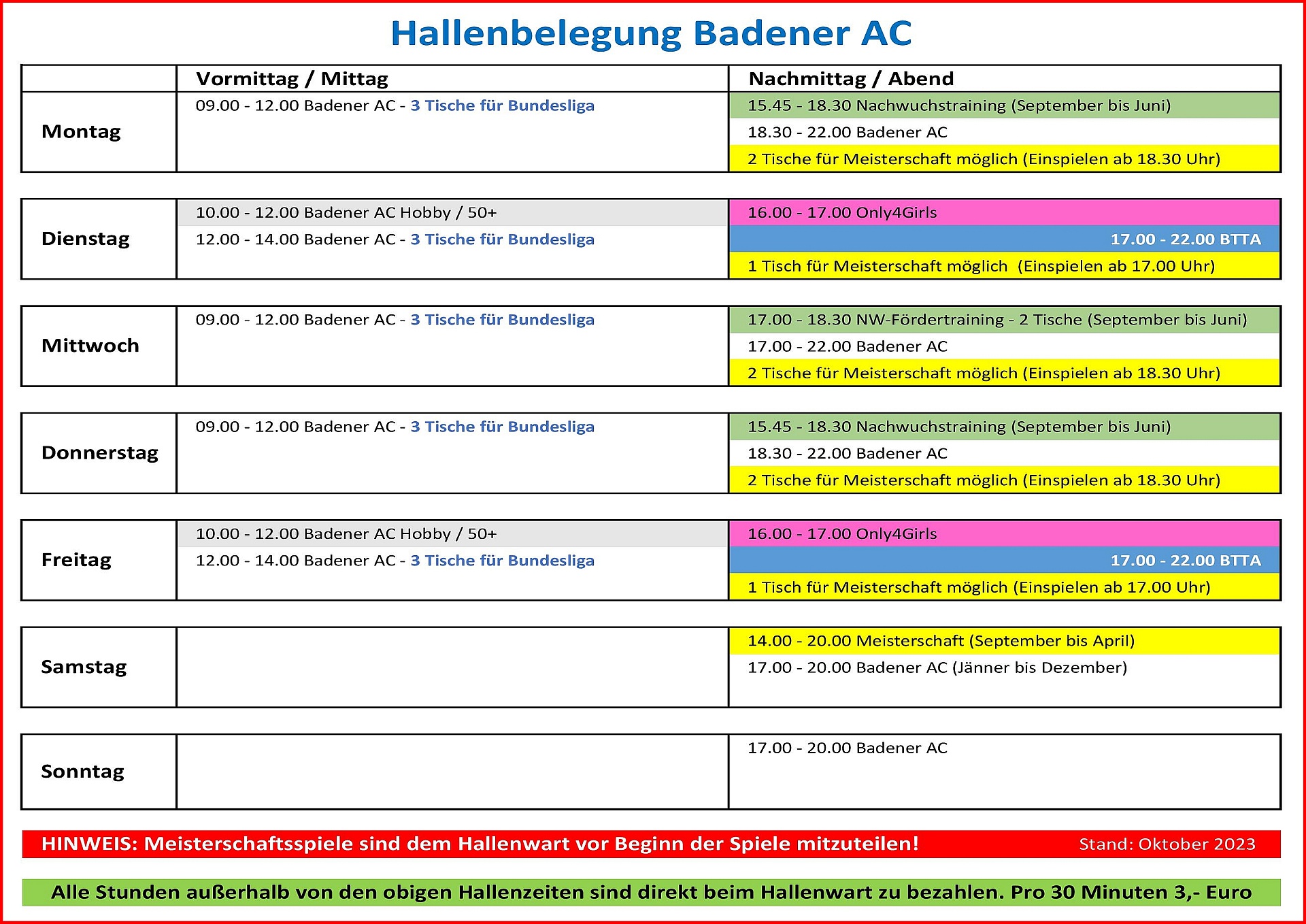 Hallenbelegung 2023-10 - Badener AC Tischtennis